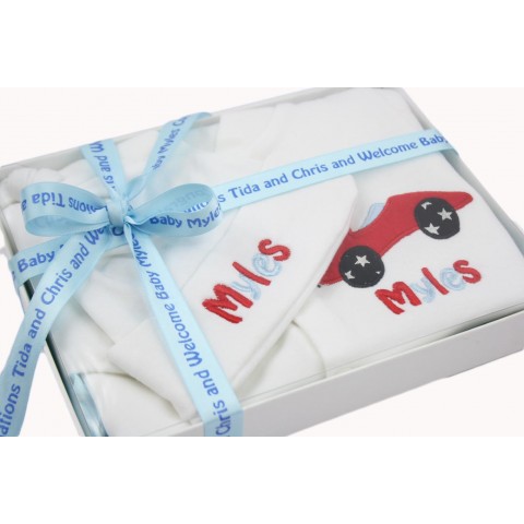 Personalised Baby Car Sleepsuit Hat Boxed Gift Set